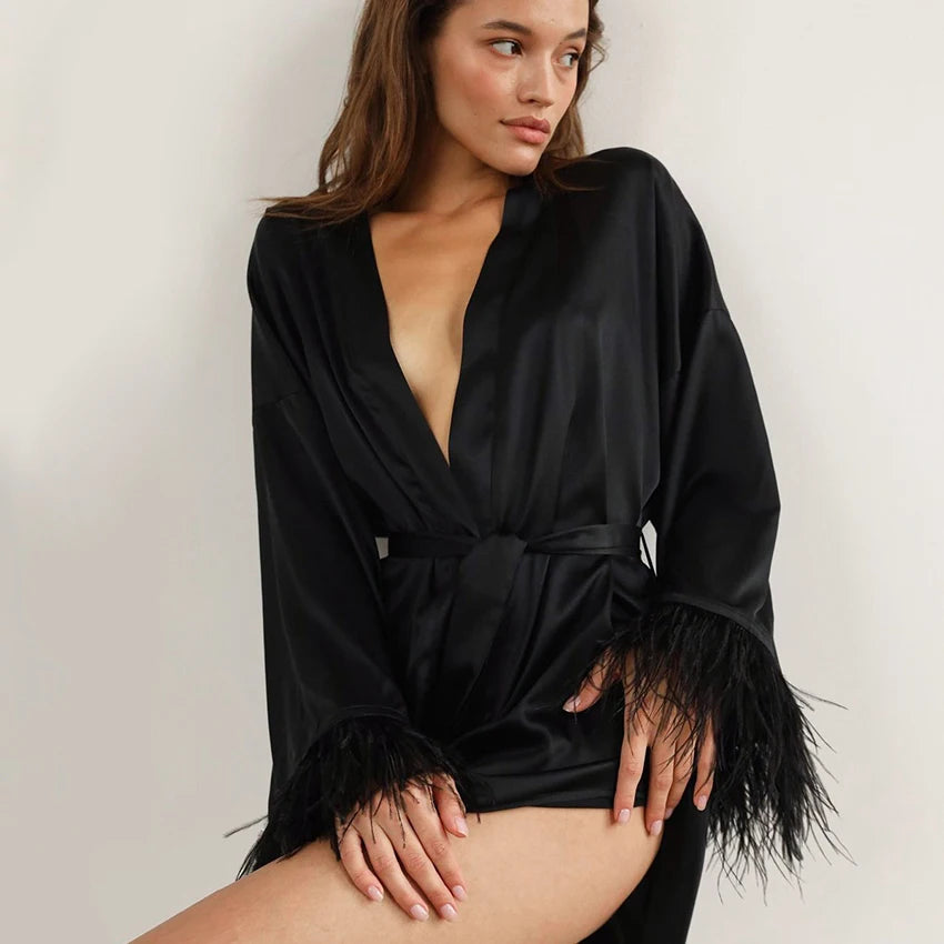 Elegant Satin Feather Bathrobe & Mini Dress - Long Sleeve Loose Peignoir for Brides and Special Occasions