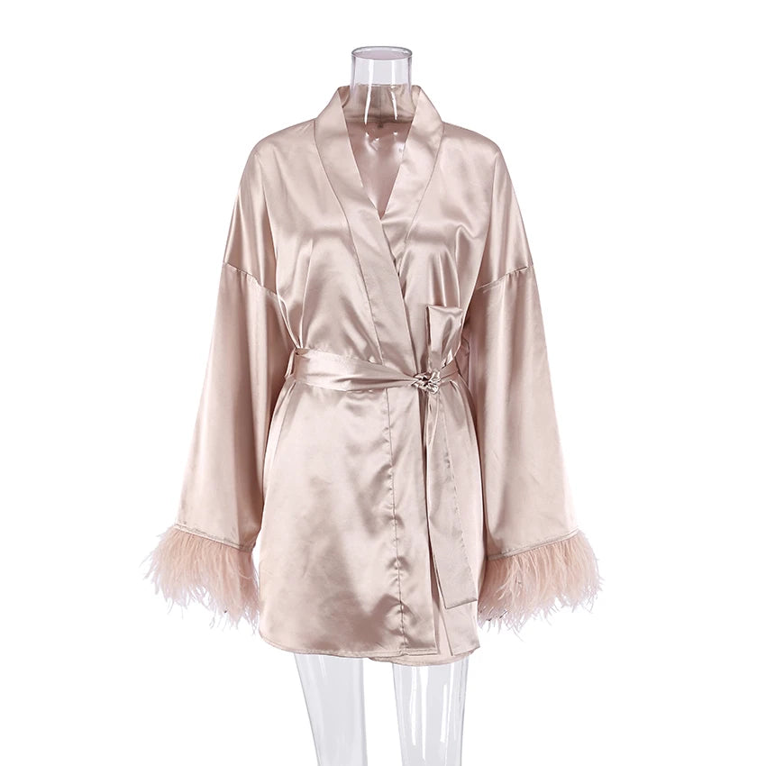 Elegant Satin Feather Bathrobe & Mini Dress - Long Sleeve Loose Peignoir for Brides and Special Occasions