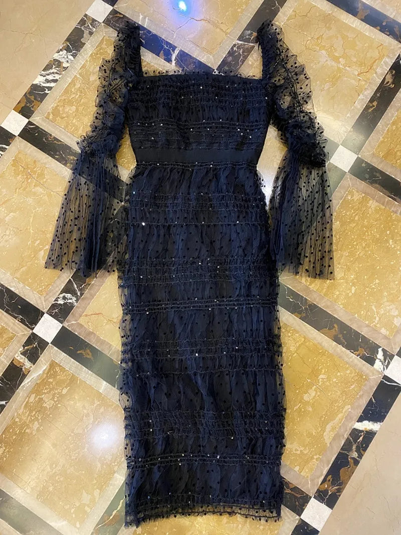 Chic Dot Sequin Mesh Midi Dress for Women - Black & White Elegance