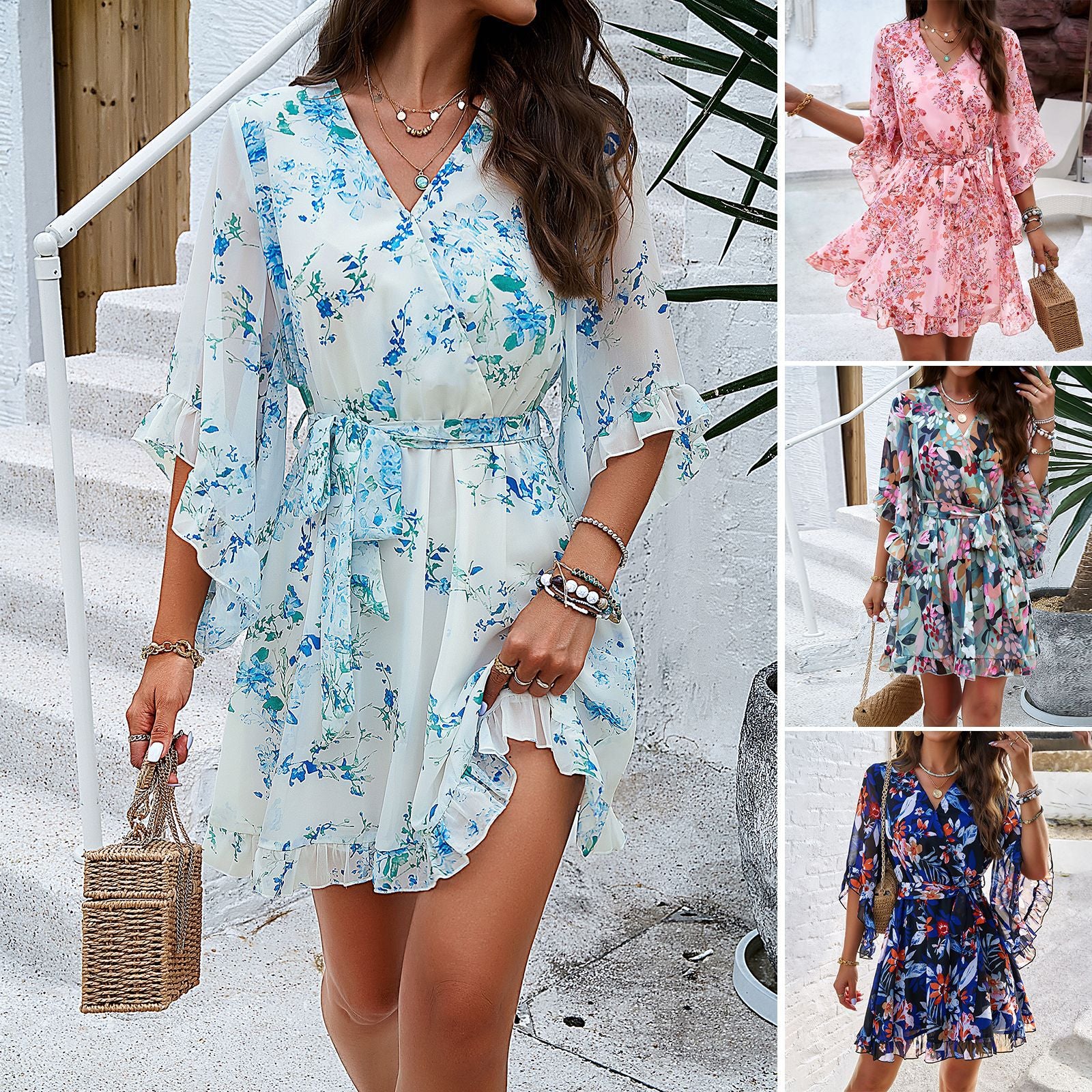 Chic Summer Floral V-Neck Dress with Ruffles and Lace-Up Detail - Perfect for Women