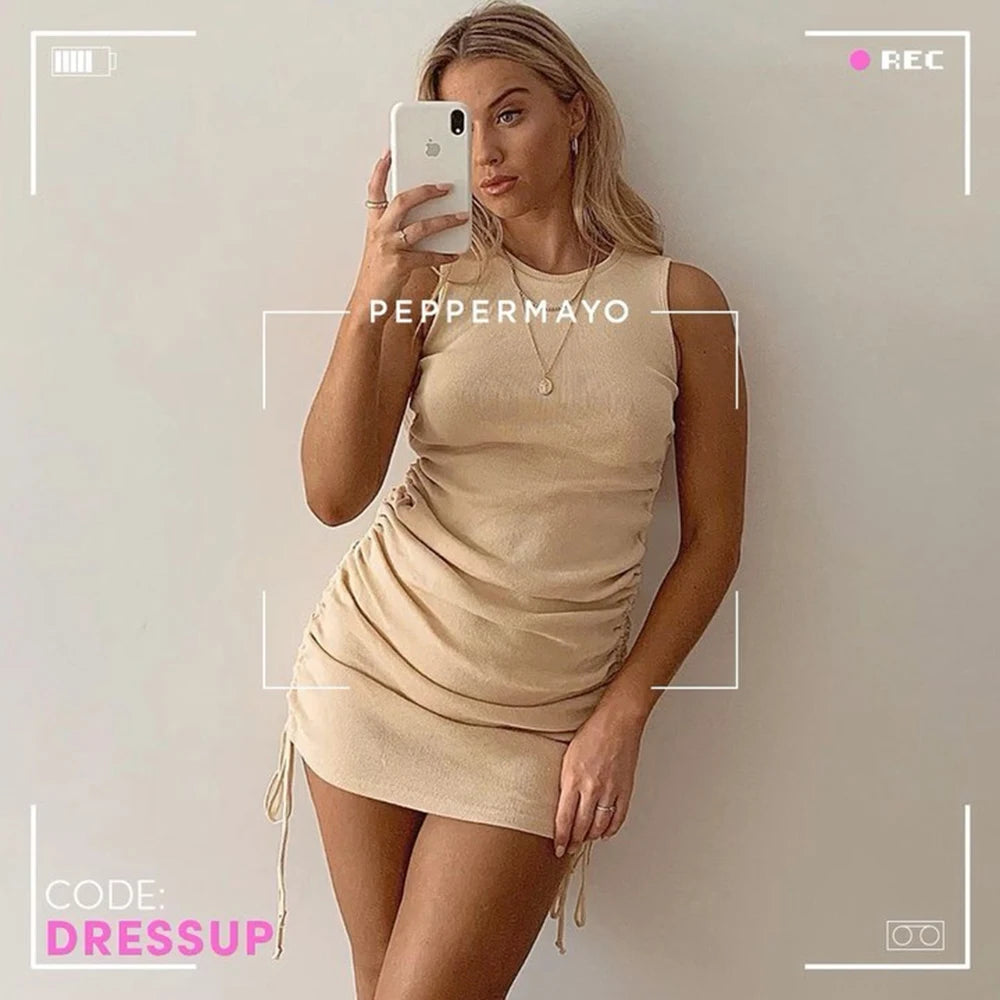 Ribbed Elastic Mini Dress with Adjustable Drawstring - Sexy Bodycon Party Wear for Women