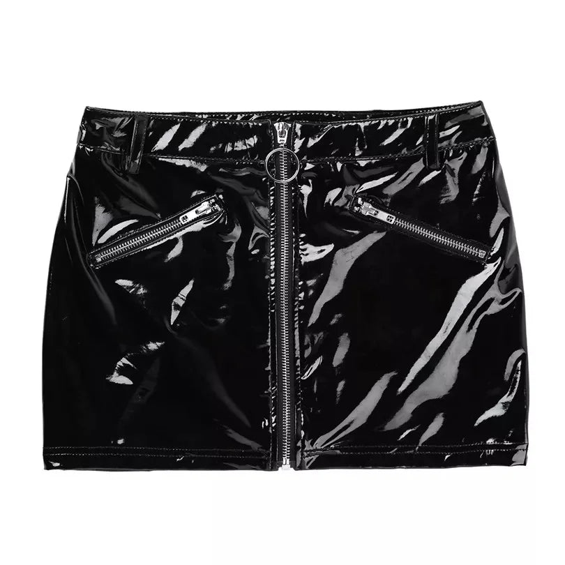 Seductive Wetlook Leather Mini Skirt with Zipper and Open Crotch - Glossy Shaping Sheath Dress for a Stunning Look