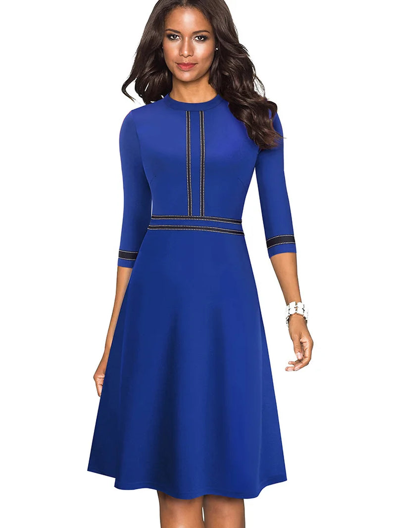 Elegant Vintage Patchwork A-Line Dress for Women - Perfect for Business and Party Events