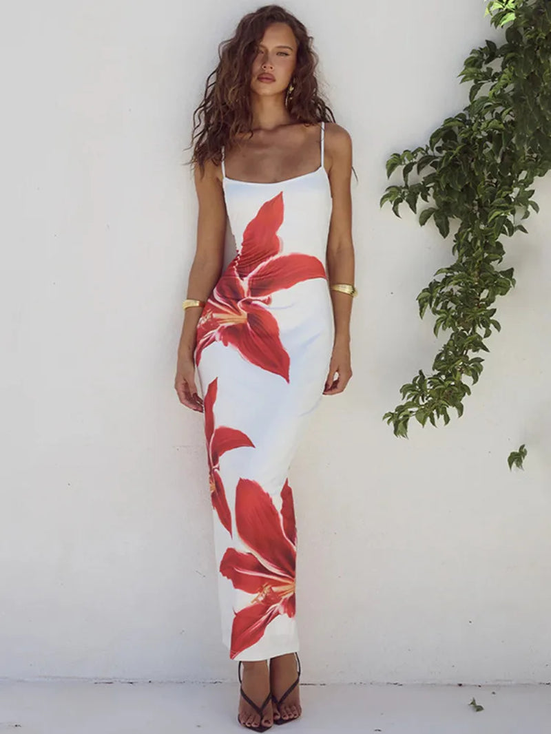 Elegant Floral Print Midi Dress for Women - Summer Spaghetti Strap Backless Bodycon Gown