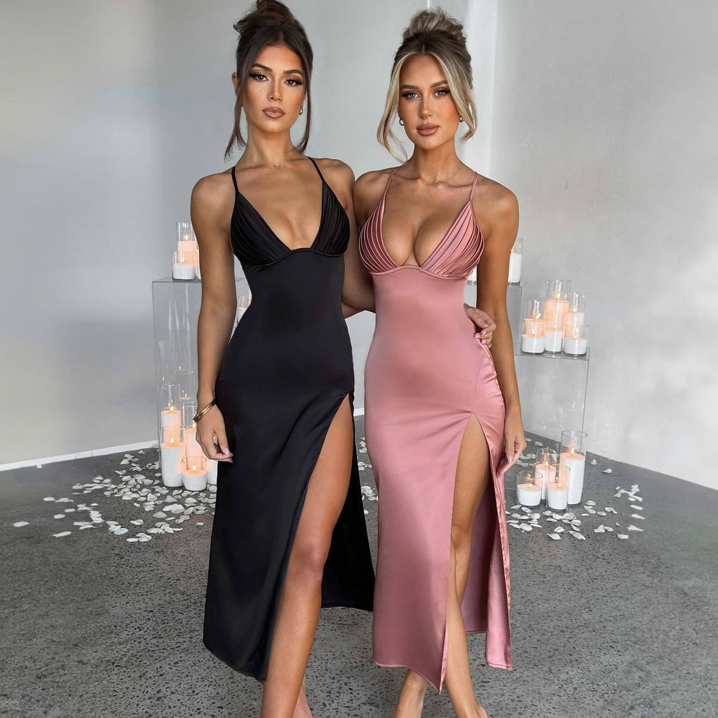 Chic Deep V-Neck Spaghetti Strap Bodycon Dress with Elegant Split Design - Perfect for Parties!