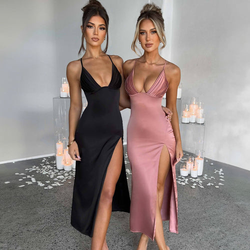 Chic Deep V-Neck Spaghetti Strap Bodycon Dress with Elegant Split Design - Perfect for Parties!
