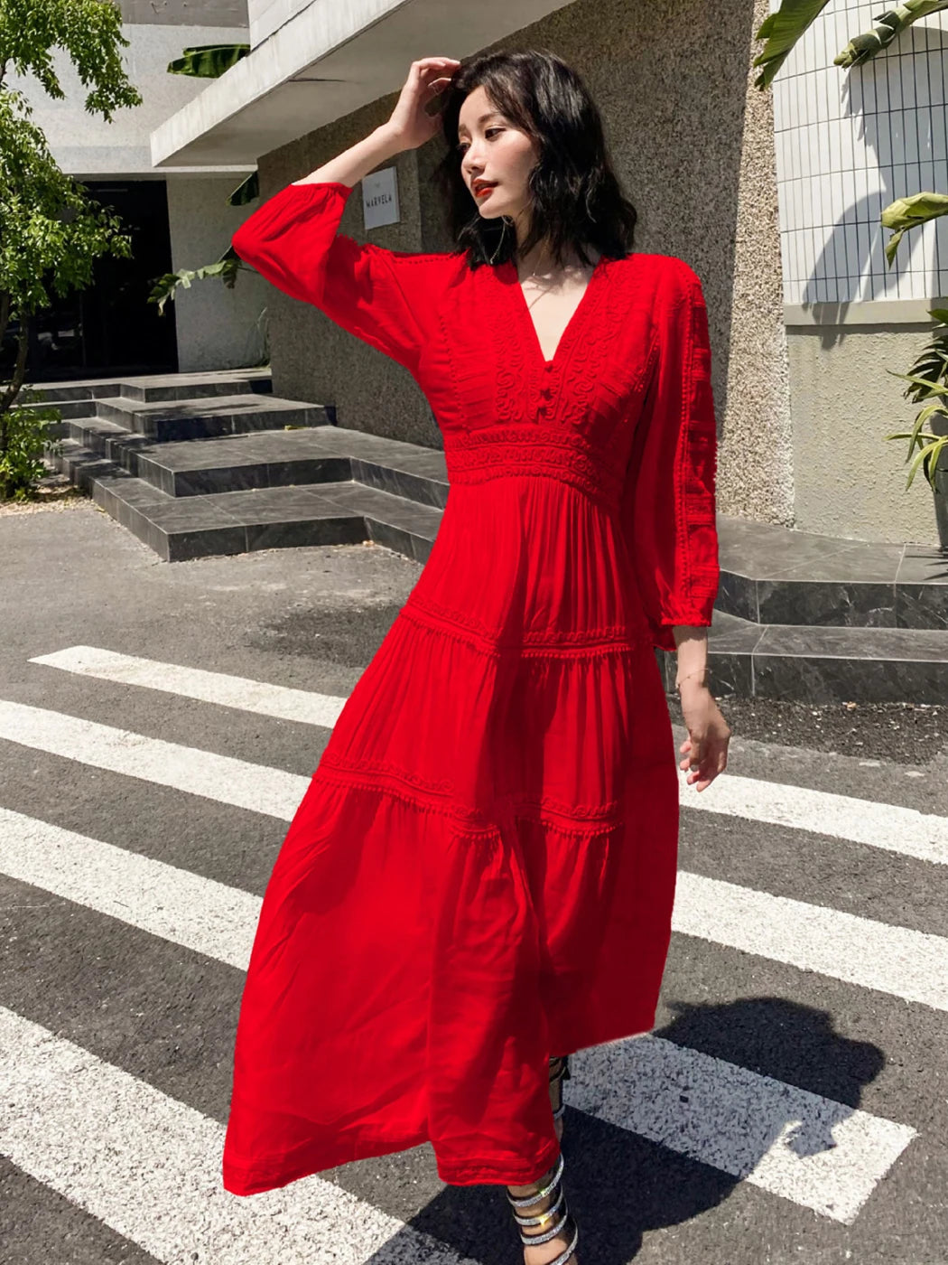 Elegant V-Neck Lantern Sleeve Maxi Dress - 2025 Spring Summer Cotton Patchwork Lace Beach Dress for Women
