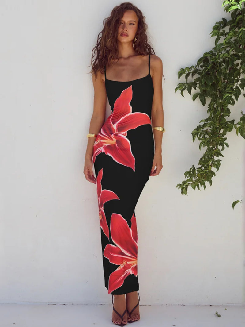 Elegant Floral Print Midi Dress for Women - Summer Spaghetti Strap Backless Bodycon Gown