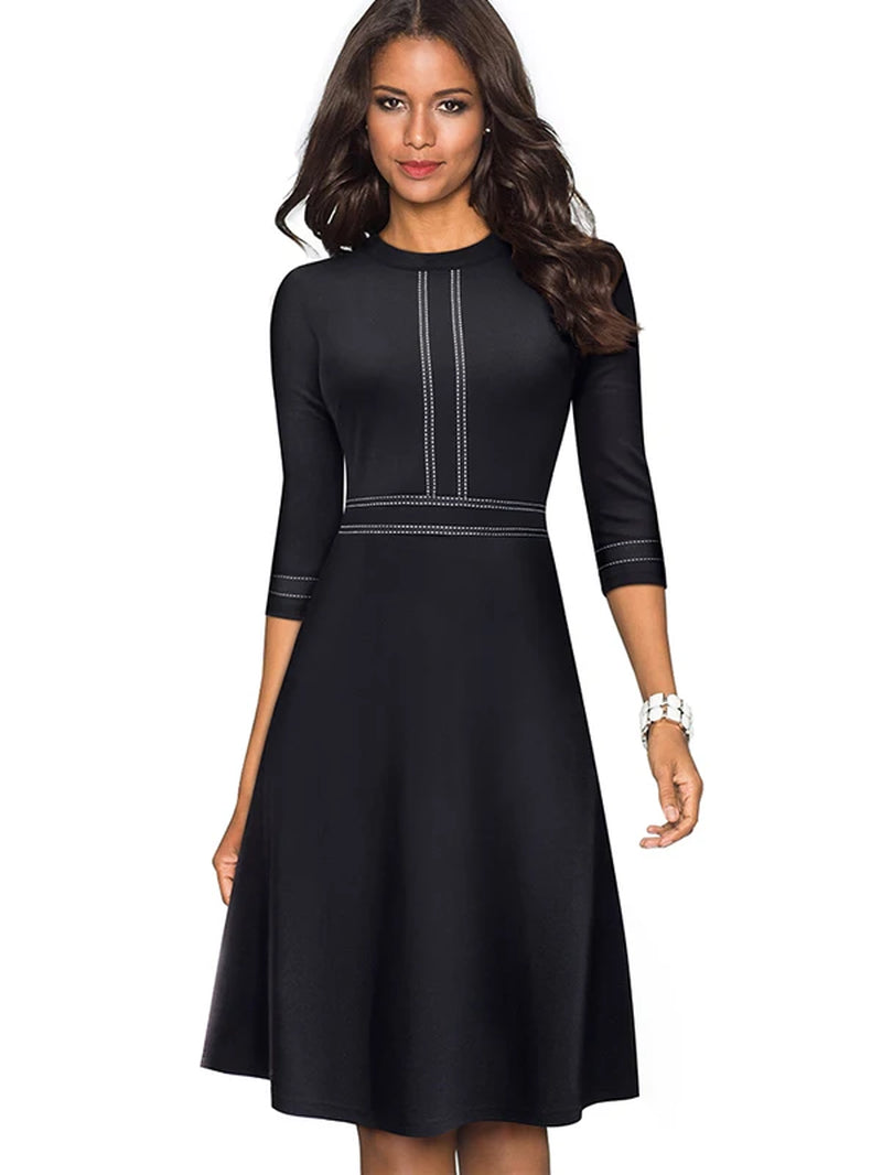 Elegant Vintage Patchwork A-Line Dress for Women - Perfect for Business and Party Events