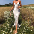 Elegant Women's Satin V-Neck Bodycon Dress - High Waist Split Long Evening Party Gown