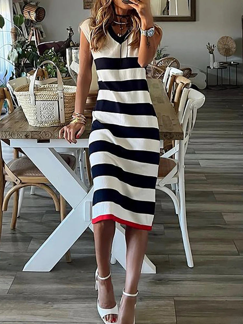Elegant Women's Striped V-Neck Sleeveless Party Dress - Casual Loose Mid Dress for Office & Events 2023