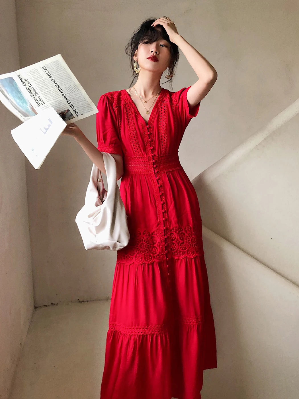 Elegant V-Neck Lantern Sleeve Maxi Dress - 2025 Spring Summer Cotton Patchwork Lace Beach Dress for Women