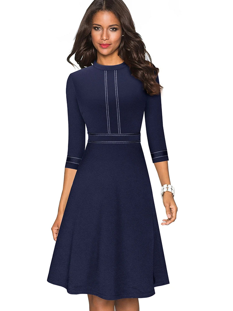 Elegant Vintage Patchwork A-Line Dress for Women - Perfect for Business and Party Events
