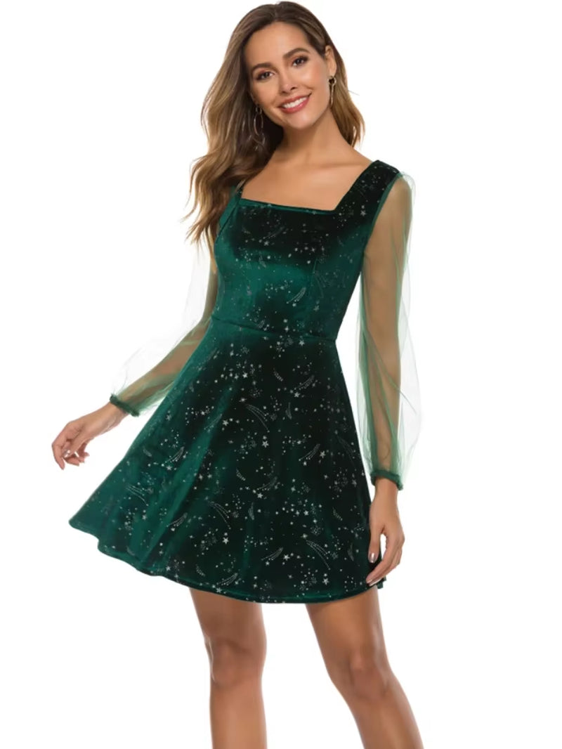 2023 Spring Green Velvet Mini Dress with Sheer Sleeves - Elegant A-Line Party Dress for Women and Girls in S, M, L, XL
