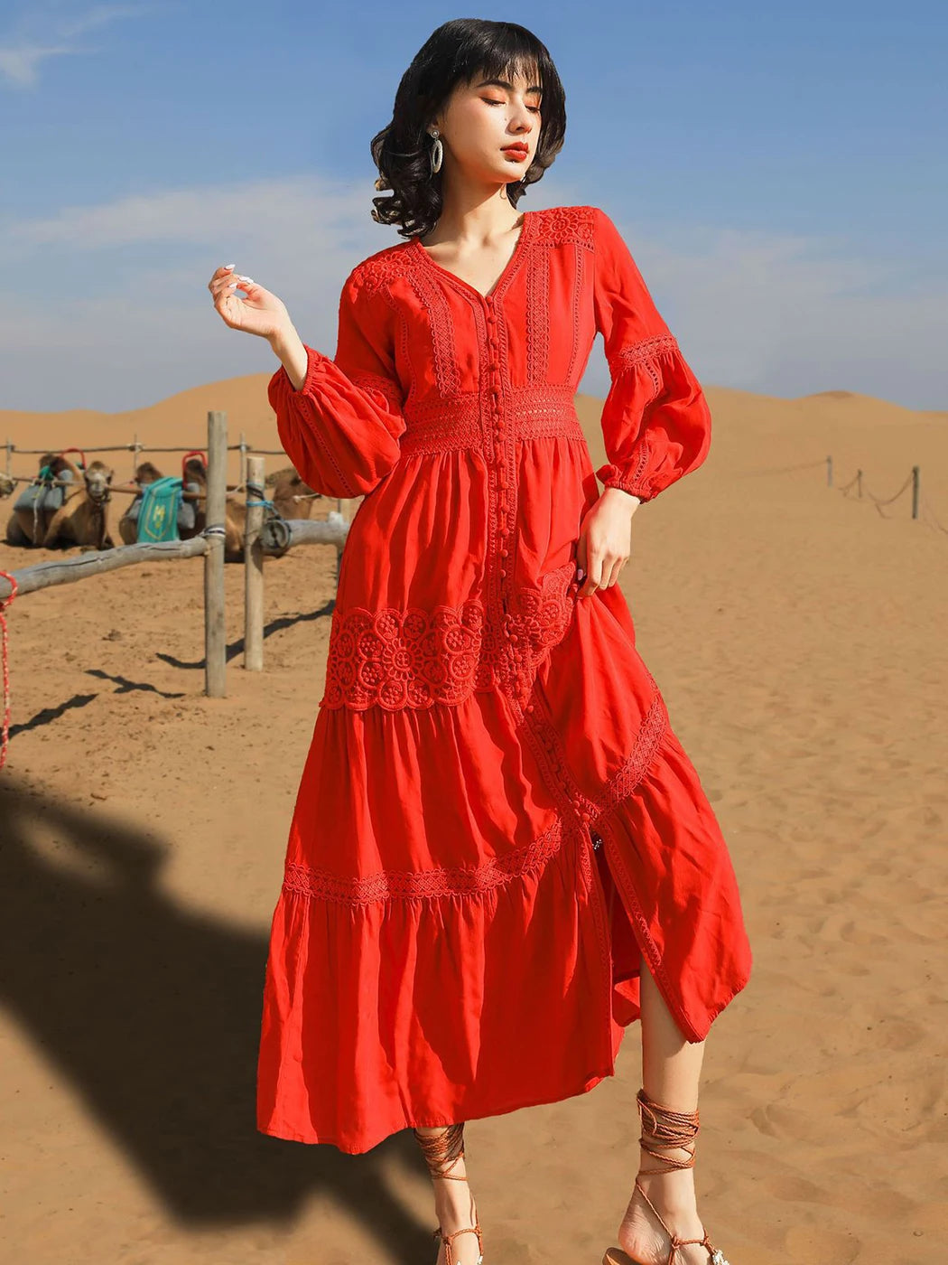 Elegant V-Neck Lantern Sleeve Maxi Dress - 2025 Spring Summer Cotton Patchwork Lace Beach Dress for Women