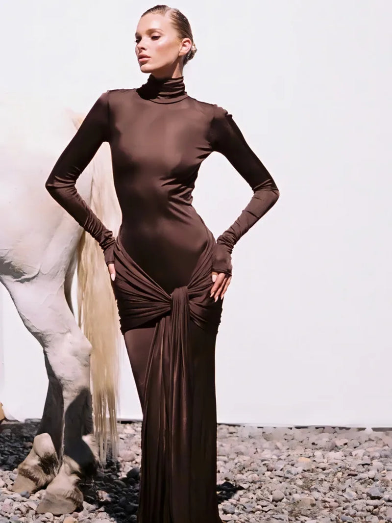 Chic High Neck Long Sleeve Bodycon Maxi Dress - Perfect for Autumn Parties & Club Nights!