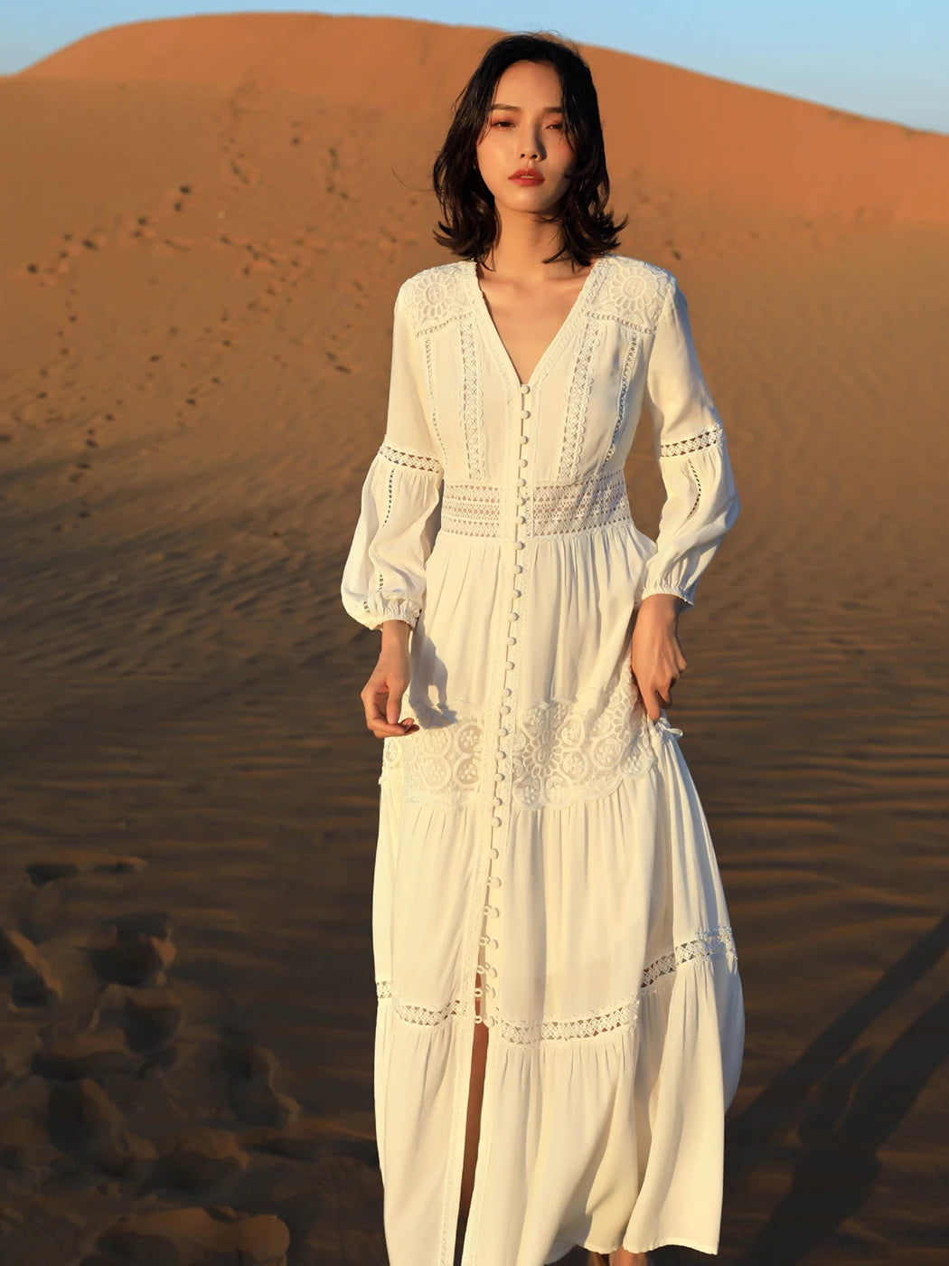 Elegant V-Neck Lantern Sleeve Maxi Dress - 2025 Spring Summer Cotton Patchwork Lace Beach Dress for Women