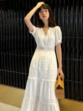 Elegant V-Neck Lantern Sleeve Maxi Dress - 2025 Spring Summer Cotton Patchwork Lace Beach Dress for Women