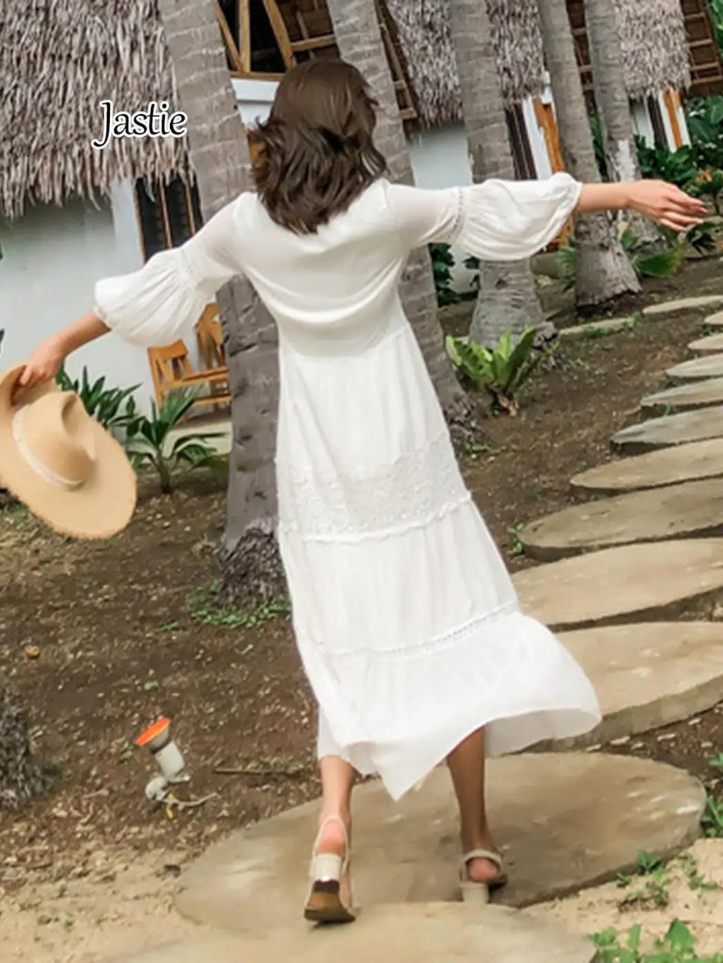 Elegant V-Neck Lantern Sleeve Maxi Dress - 2025 Spring Summer Cotton Patchwork Lace Beach Dress for Women