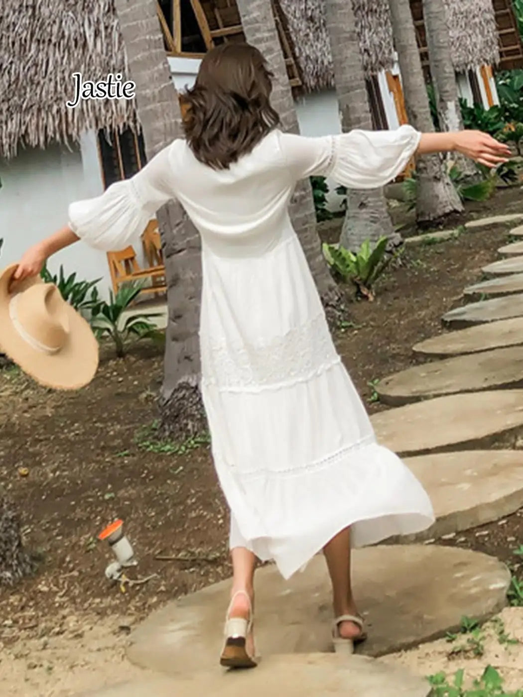 Elegant V-Neck Lantern Sleeve Maxi Dress - 2025 Spring Summer Cotton Patchwork Lace Beach Dress for Women