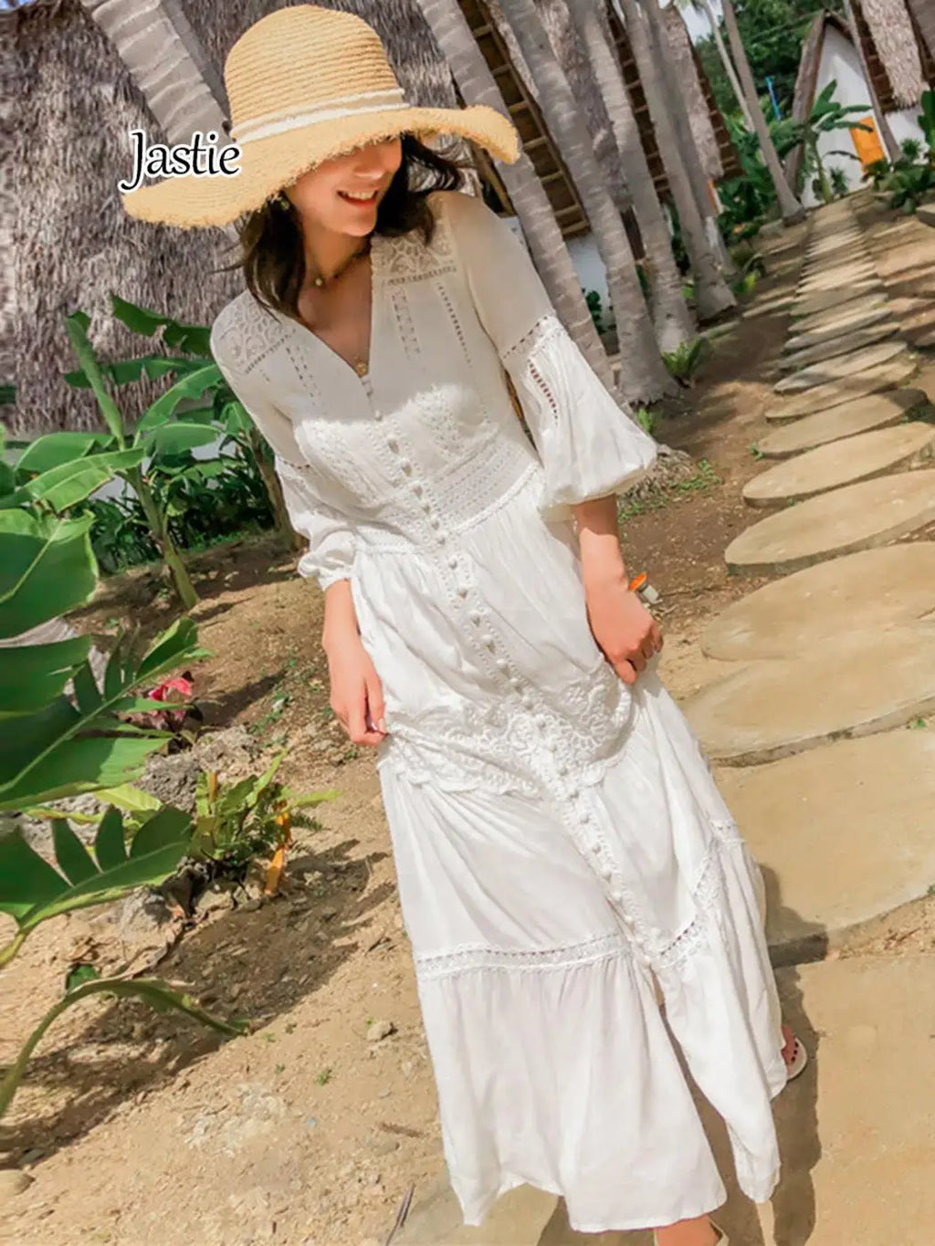 Elegant V-Neck Lantern Sleeve Maxi Dress - 2025 Spring Summer Cotton Patchwork Lace Beach Dress for Women
