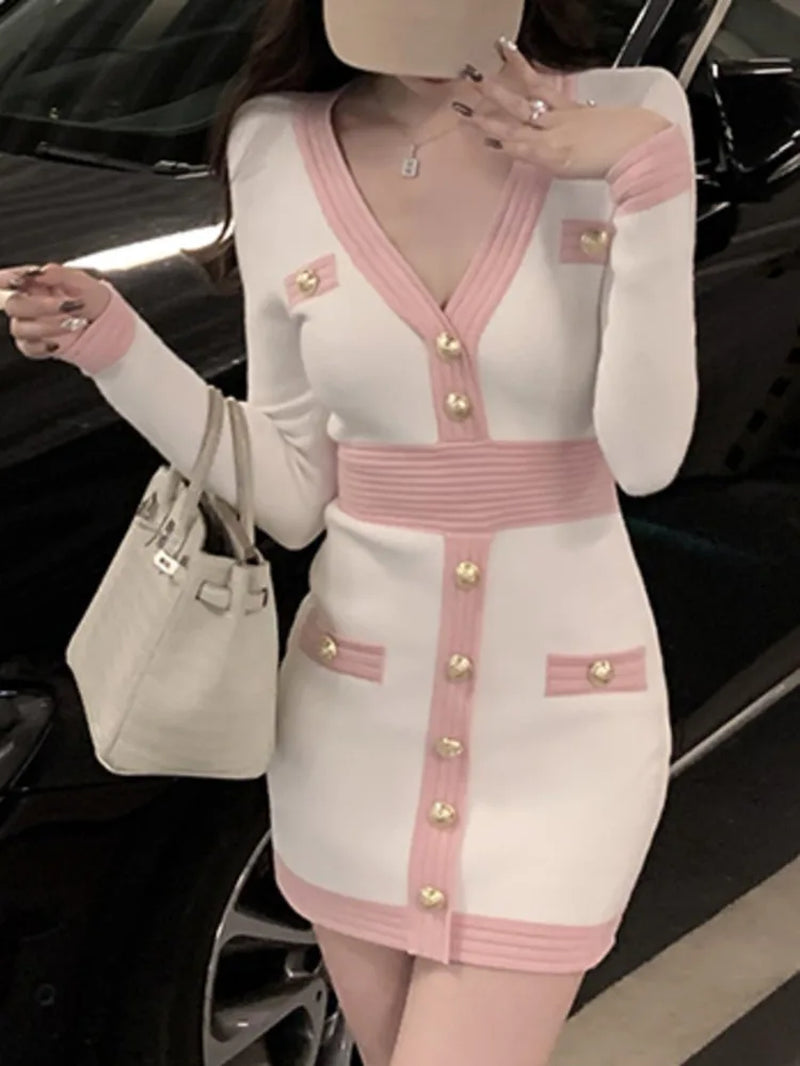 Chic Vintage Long Sleeve Bodycon Dress for Women - Fall Winter Sweater Vestidos Femme in Korean Fashion