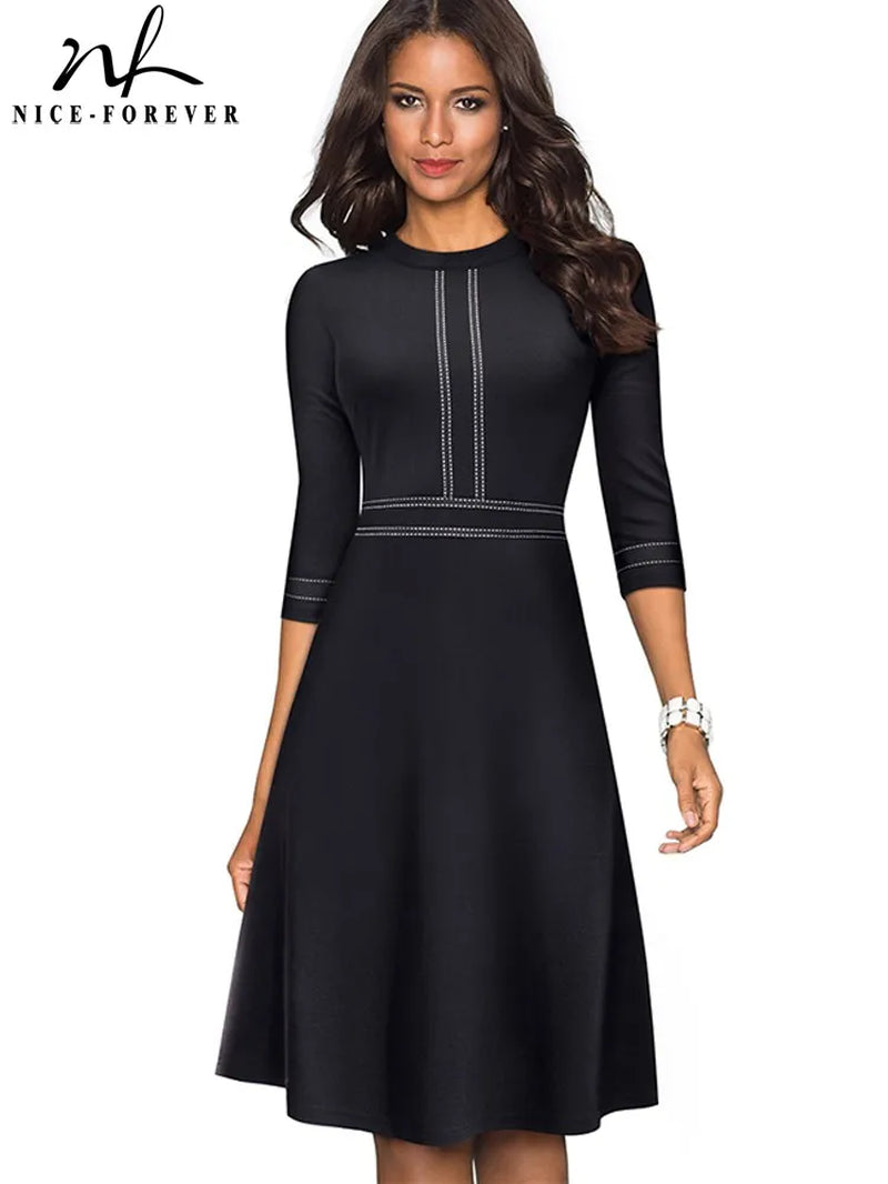 Elegant Vintage Patchwork A-Line Dress for Women - Perfect for Business and Party Events