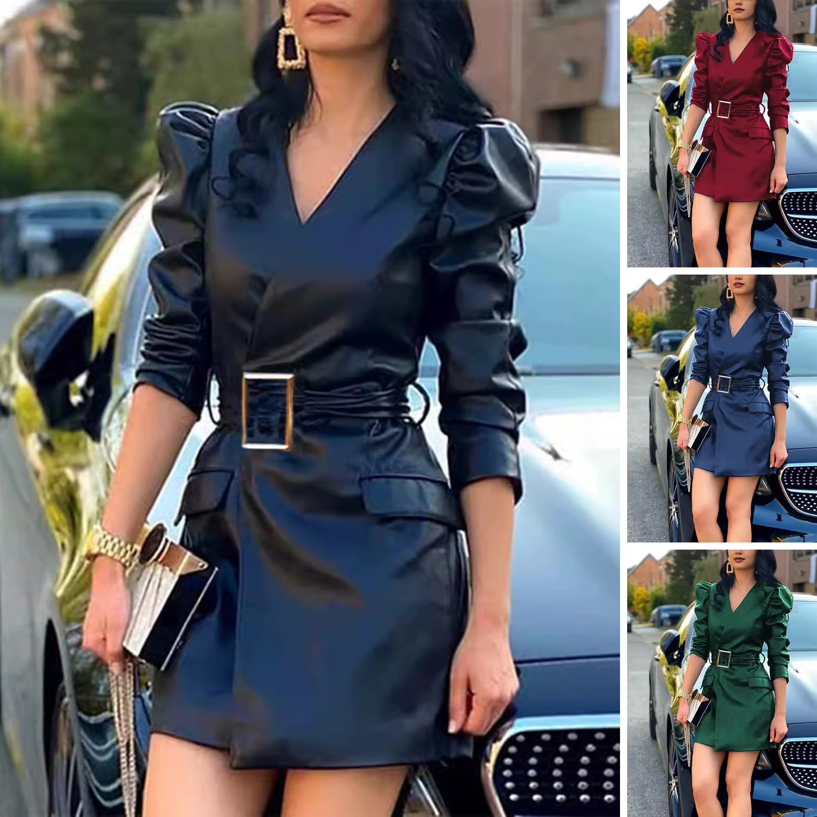 Elegant Lace Long Sleeve Mini Dress with Zipper Pockets - Slim Fit Faux Leather Party Dress for Women