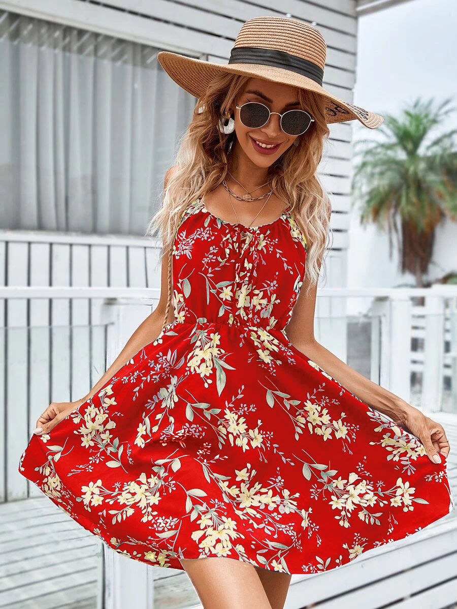 Chic Floral Print Suspender Dress with Elastic Waist - Perfect Summer