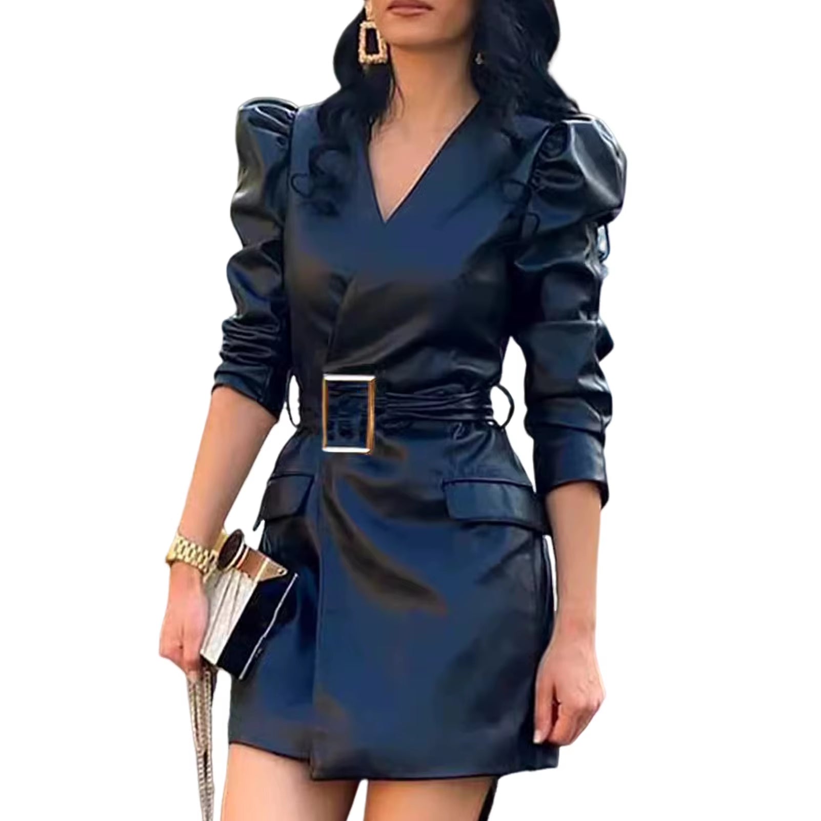 Elegant Lace Long Sleeve Mini Dress with Zipper Pockets - Slim Fit Faux Leather Party Dress for Women