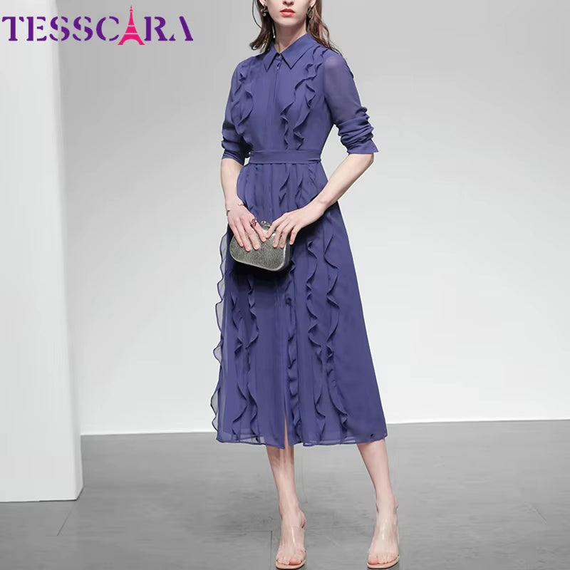 Elegant Women's Chiffon Dress Shirt - Perfect for Office and Cocktail Parties, Ruffle Design, High Quality Robe Femme