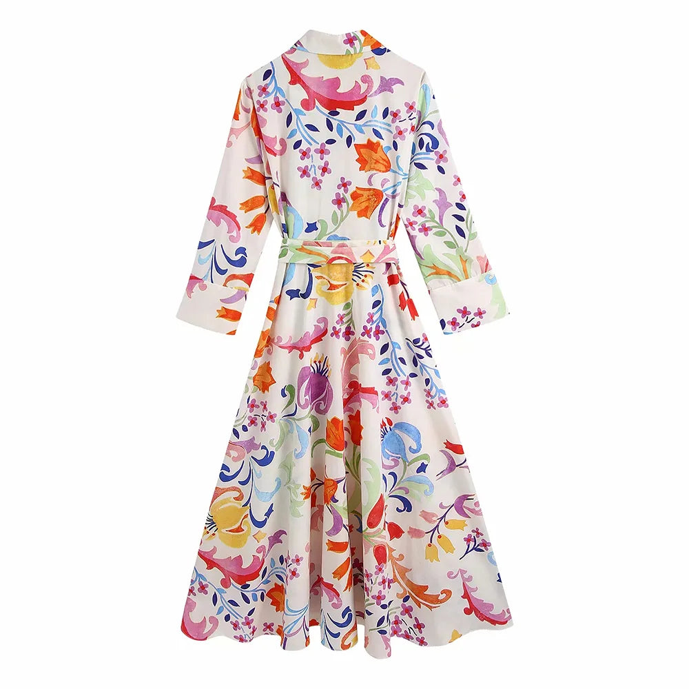 Chic Summer Floral Midi Dress with Bow Sashes and Three-Quarter Sleeves for Women