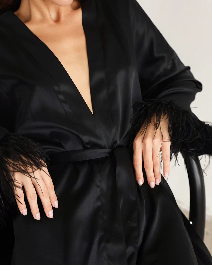 Elegant Satin Feather Bathrobe & Mini Dress - Long Sleeve Loose Peignoir for Brides and Special Occasions