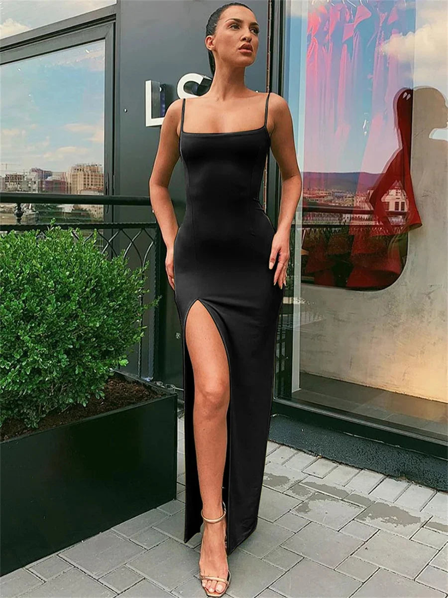 Summer Sexy Bodycon Dress for Women - Spaghetti Strap Split Sheath Dress in Solid Colors