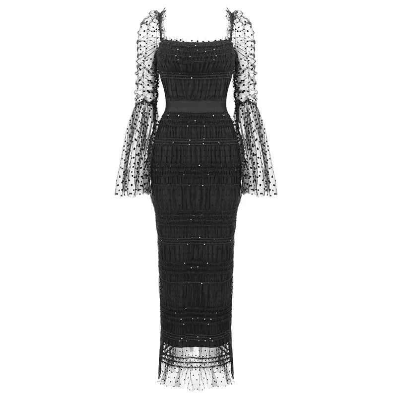 Chic Dot Sequin Mesh Midi Dress for Women - Black & White Elegance