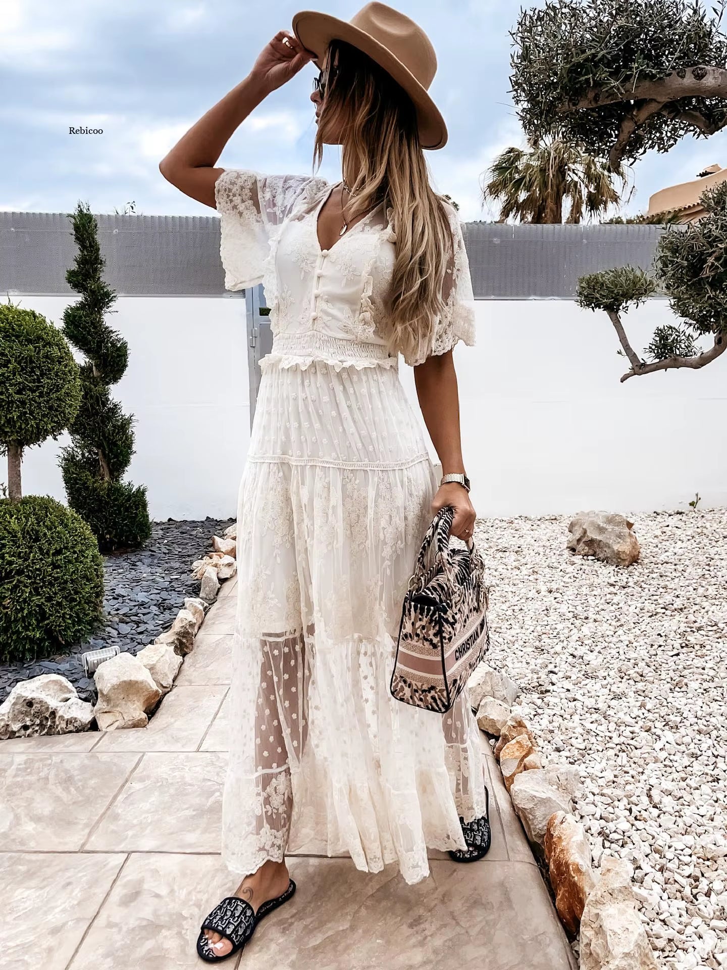 Elegant V-Neck A-Line Midi Dress for Women - Summer Fashion Casual Short Sleeve Dress