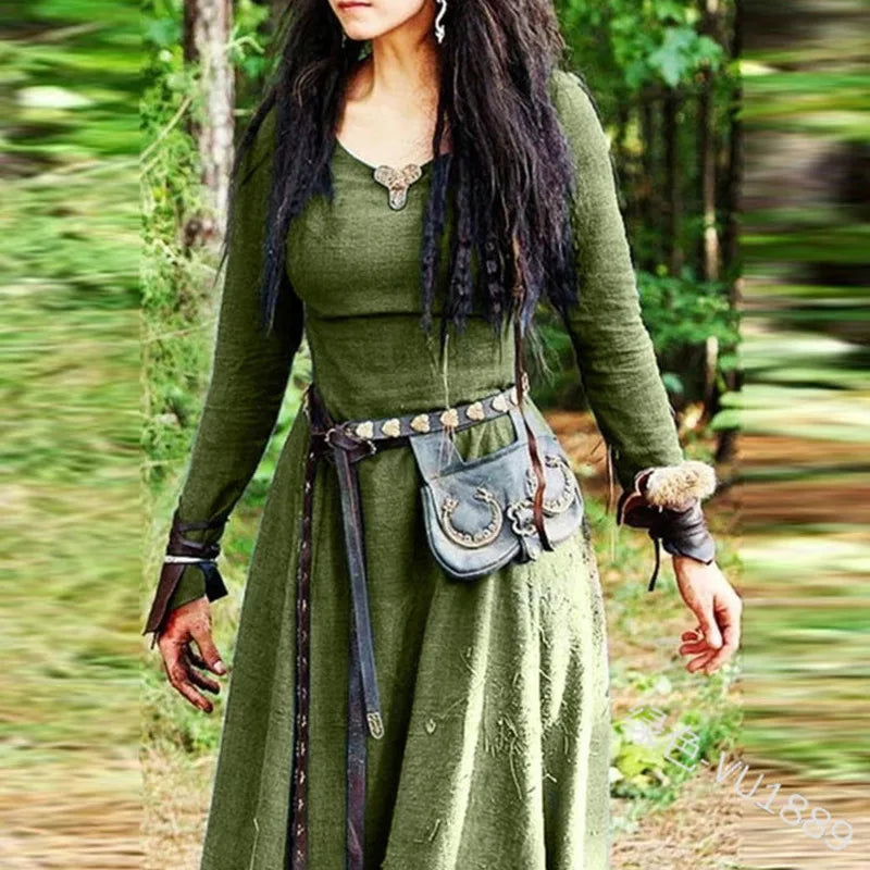 Enchanting Medieval Long Sleeve Maxi Dress - Vintage Fairy Elven Renaissance Gown for Fantasy Events